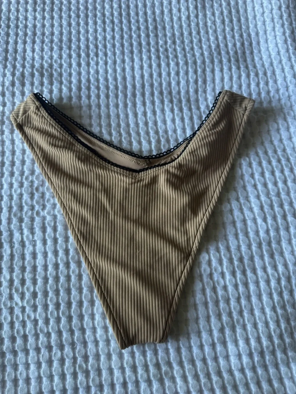 Frankie's Bikinis Tan Ribbed High-Cut Bottom with Black Trim